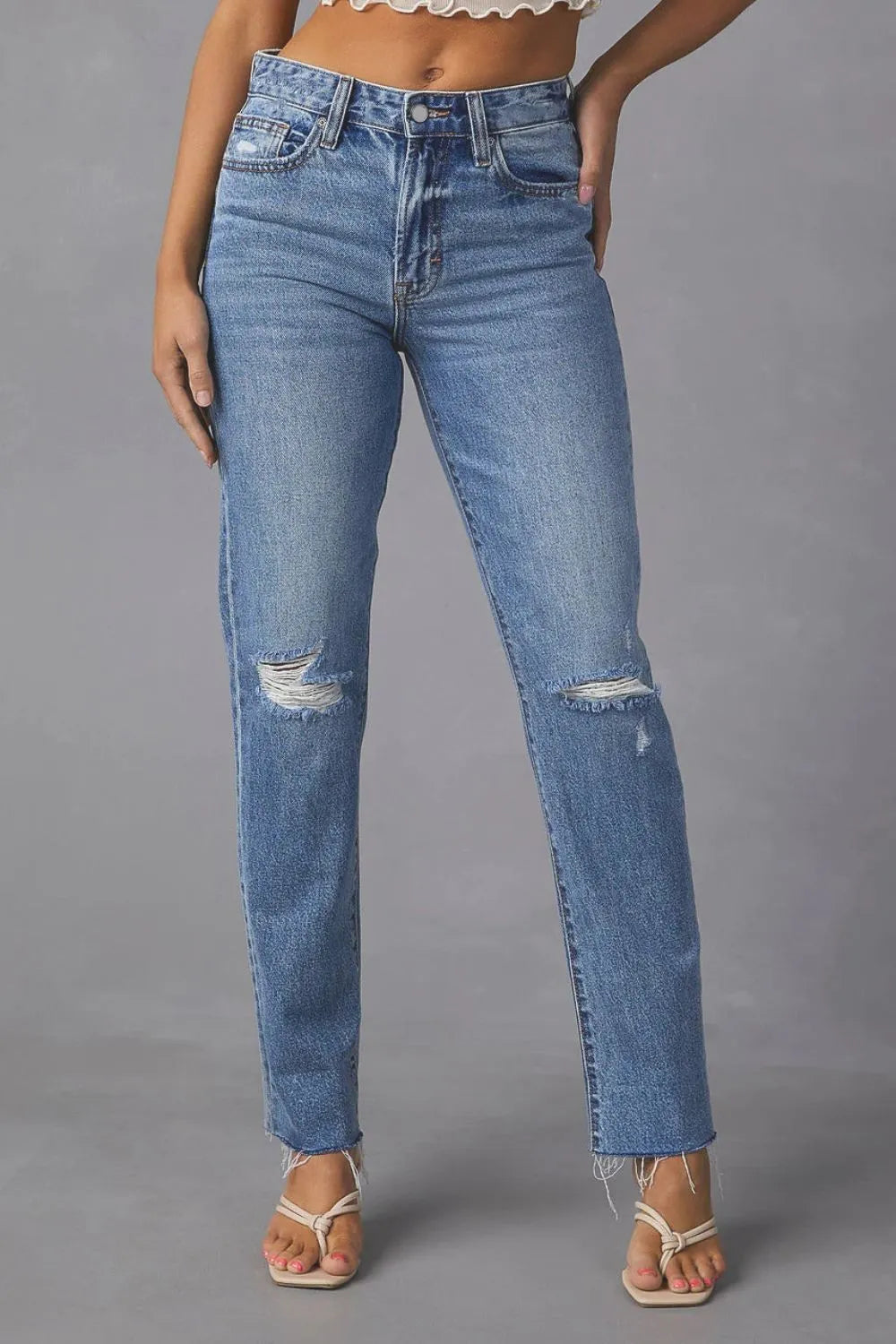 Distressed Raw Hem Straight Jeans with Pockets 