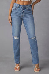 Distressed Raw Hem Straight Jeans with Pockets 