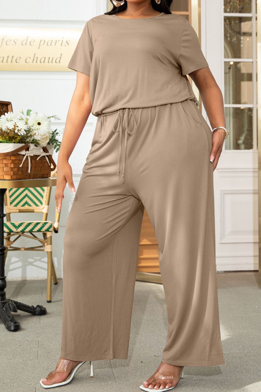 Plus Size Drawstring Waist Short Sleeve Jumpsuit 