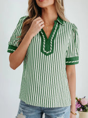 Stripe Collared Split Neck Short Bubble Sleeve Blouse 