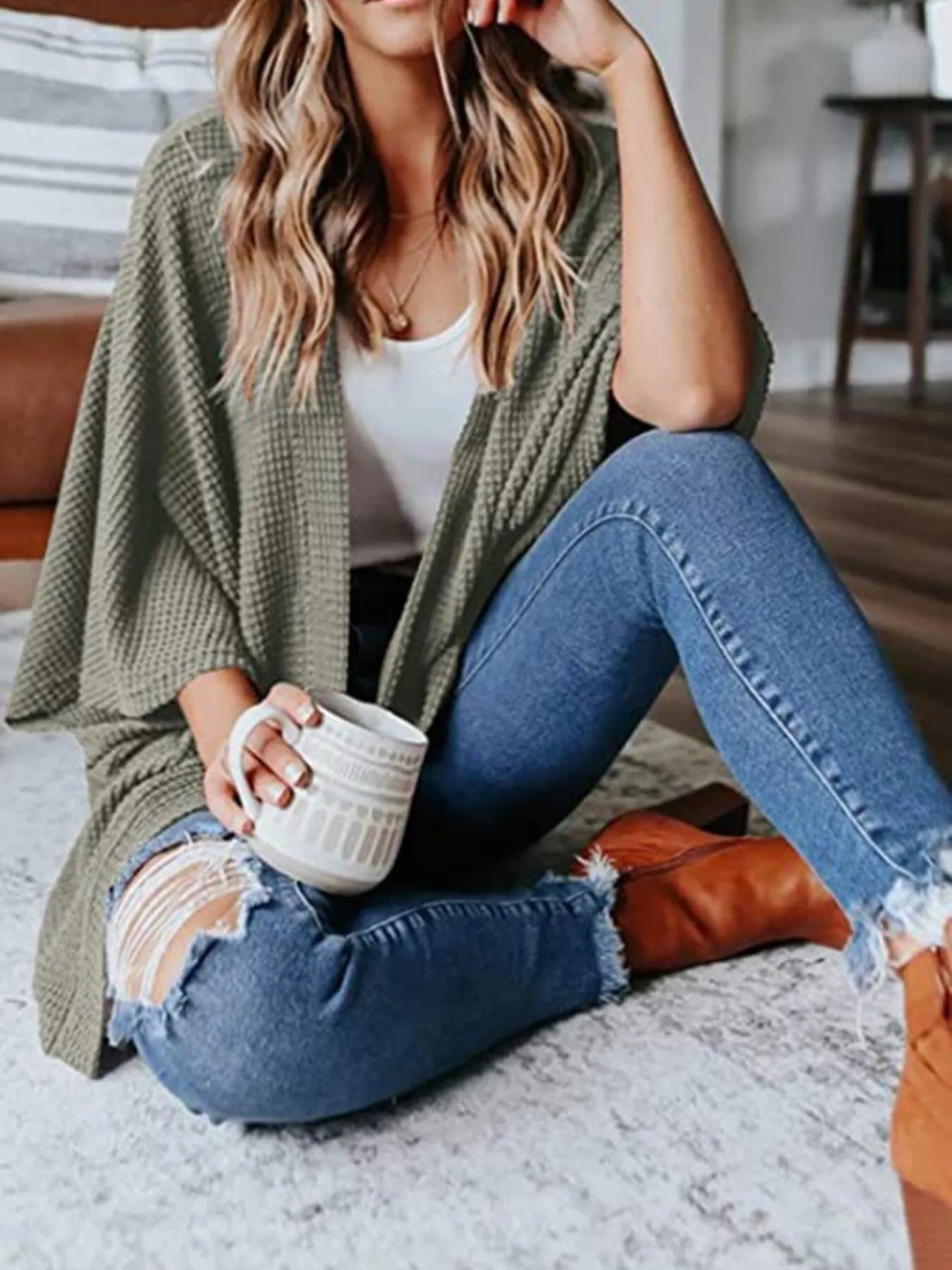 Full Size Open Front Waffle Knit Cardigan Plus Size 