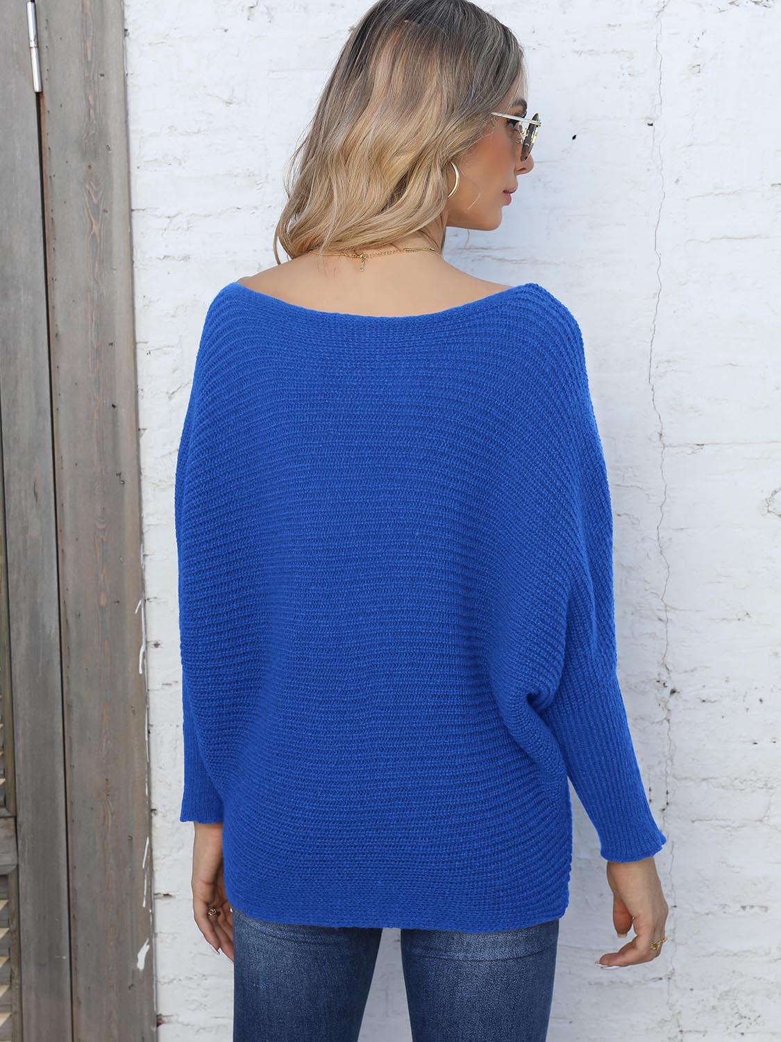 Full Size Horizontal Ribbing Dolman Sleeve Sweater 
