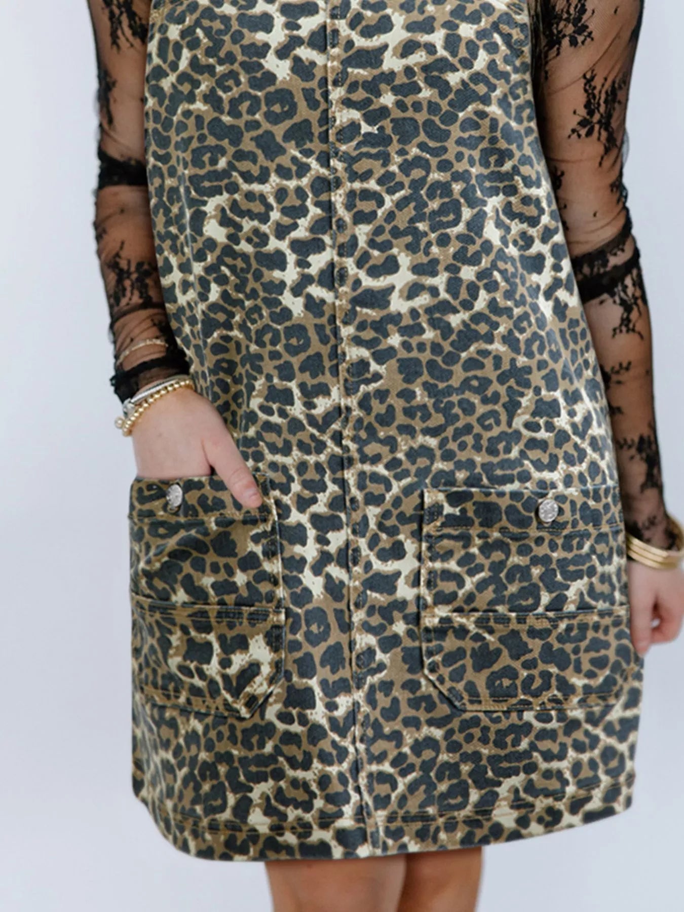 Leopard Print Denim Overall Dress 