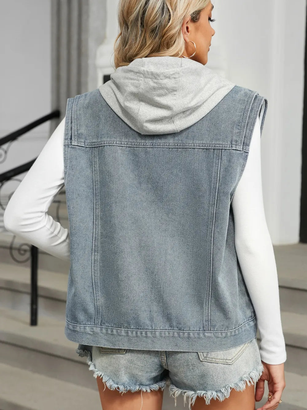 Pocketed Button Up Sleeveless Denim Jacket 