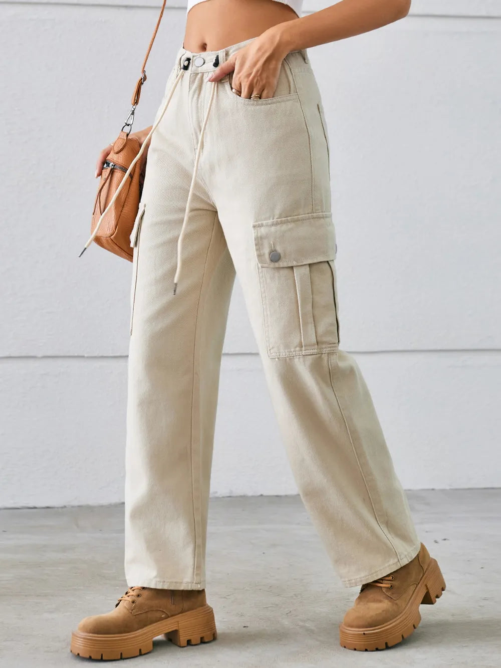 Drawstring Mid-Rise Waist Straight Cargo Jeans 