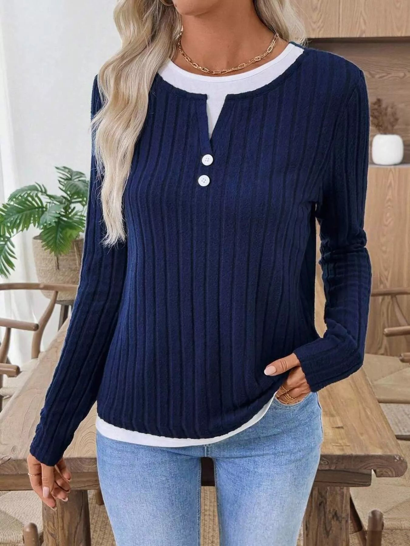 Ribbed Knit Button Detail Contrast Sweater 