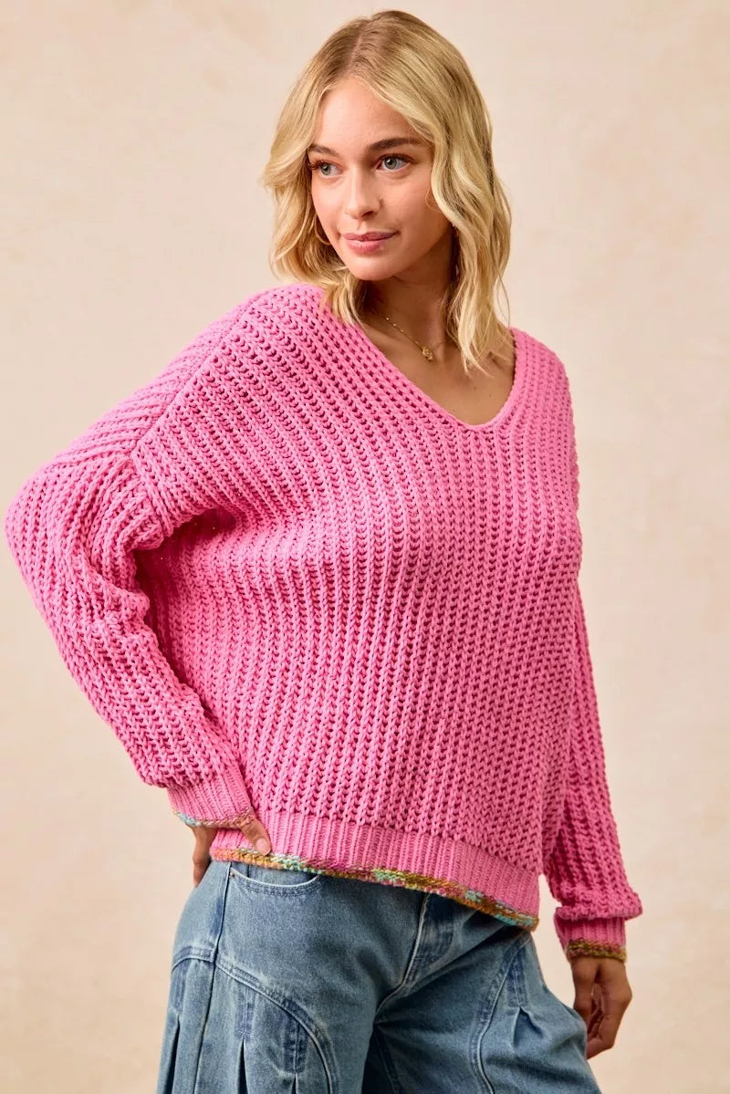 BiBi V-Neck Sweater with Colorful Trim 