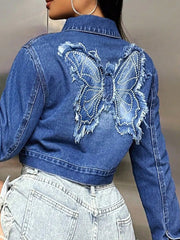 Butterfly Patch Long Sleeve Cropped Denim Top 