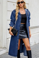 Button Up Long Sleeve Longline Hooded Denim Outerwear 