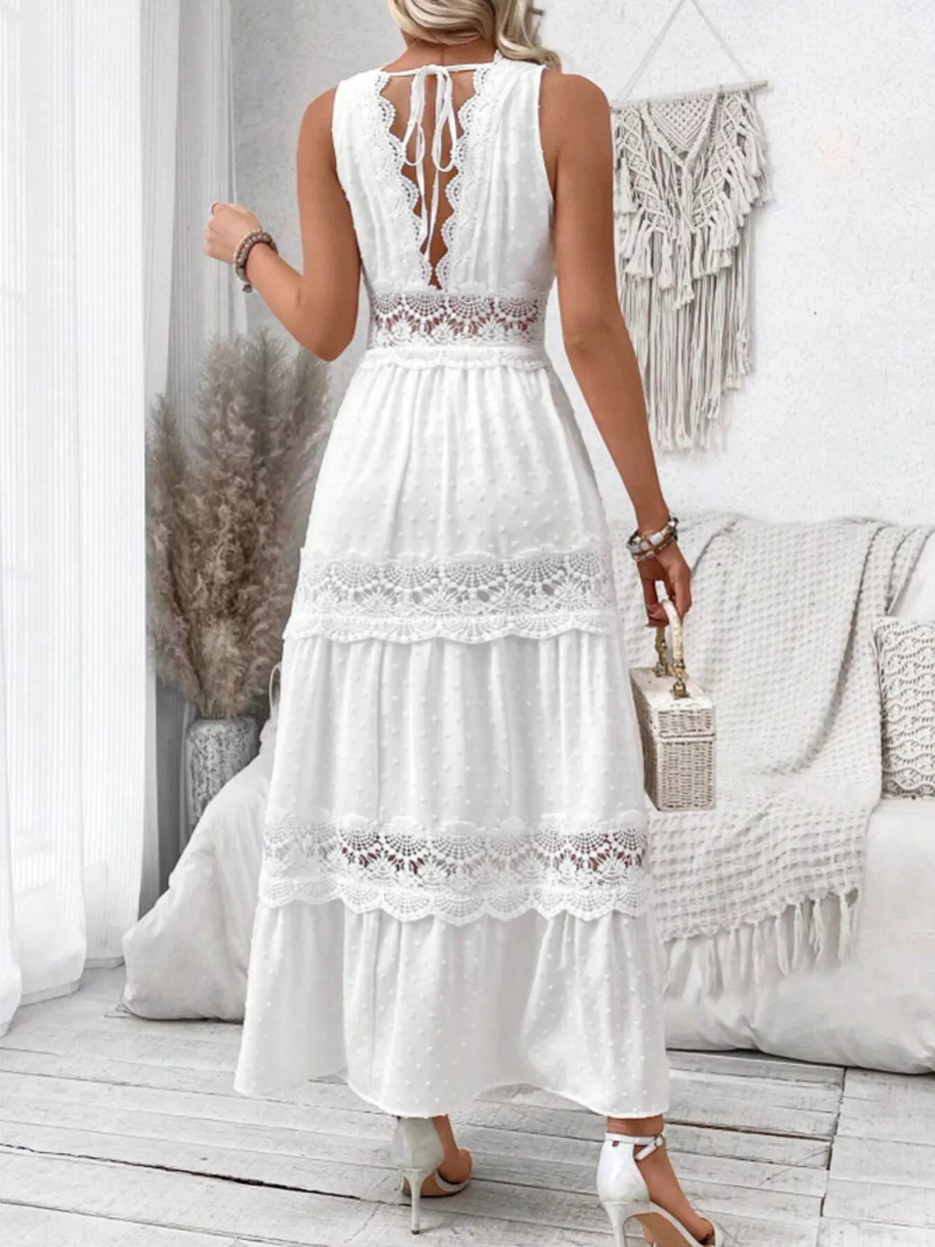 Full Size Lace Detail Tie Back Sleeveless Tiered Dress Plus Size 