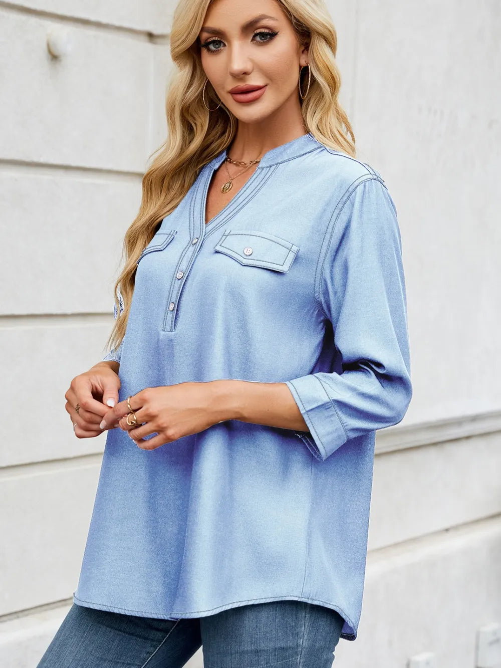 Notched Three-Quarter Sleeve Denim Top 