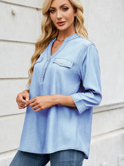 Notched Three-Quarter Sleeve Denim Top 