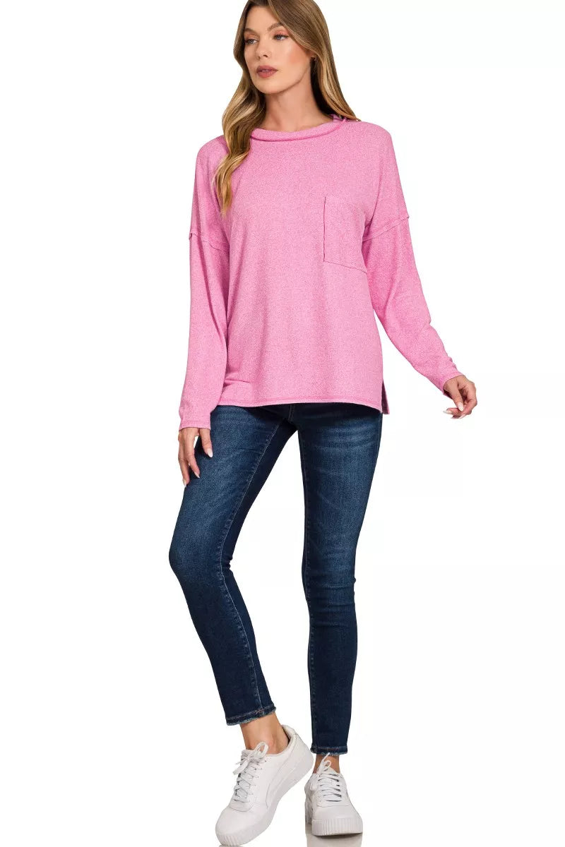 Zenana Soft Melange Hacci Round-Neck Long Sleeve T-Shirt 