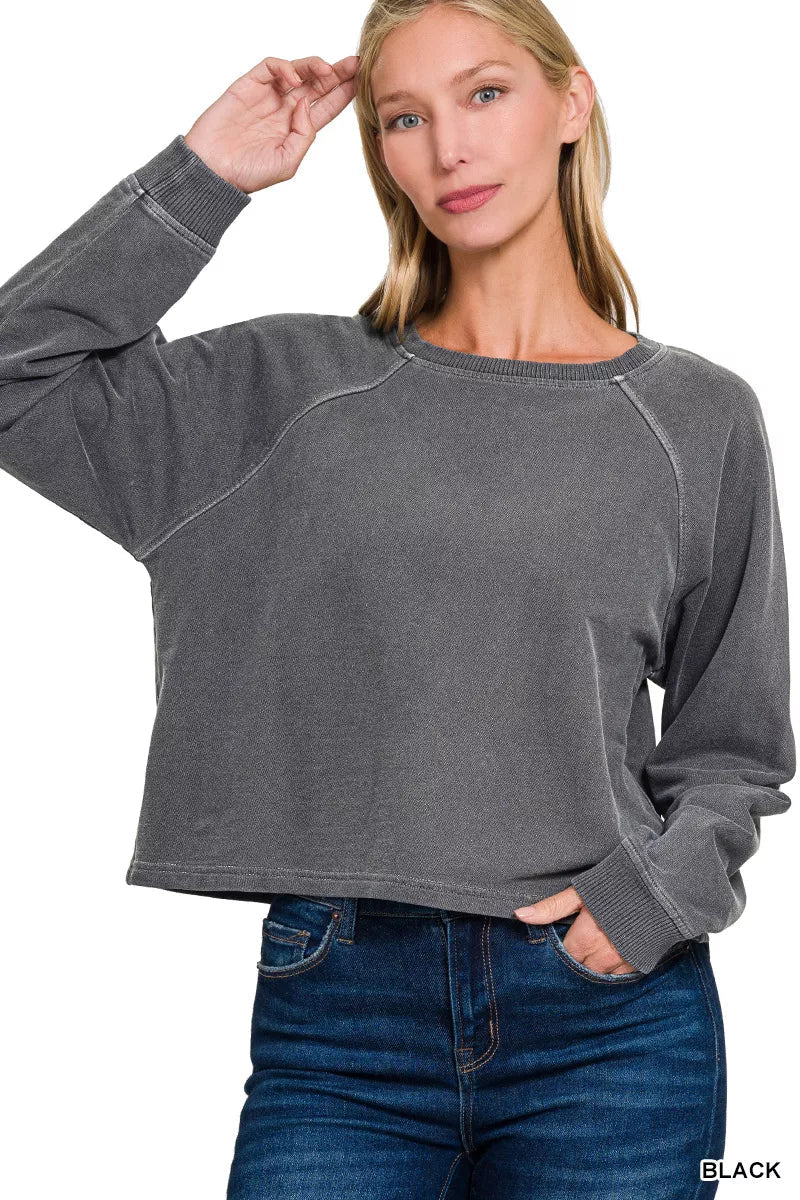 Zenana Washed F/terry Round Neck Pullover & Pants Set 