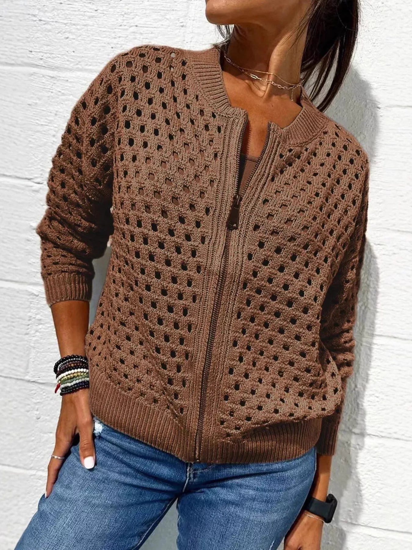 Full Size Zip Up Long Sleeve Cardigan with Eyelet Detail Plus Size 