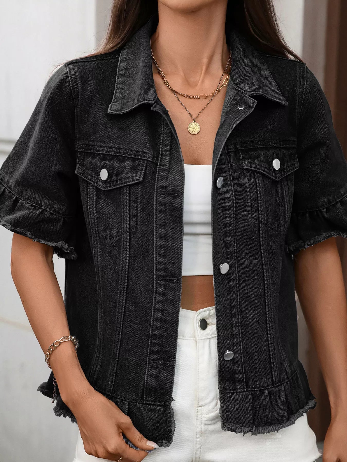 Raw Hem Button Up Denim Jacket 
