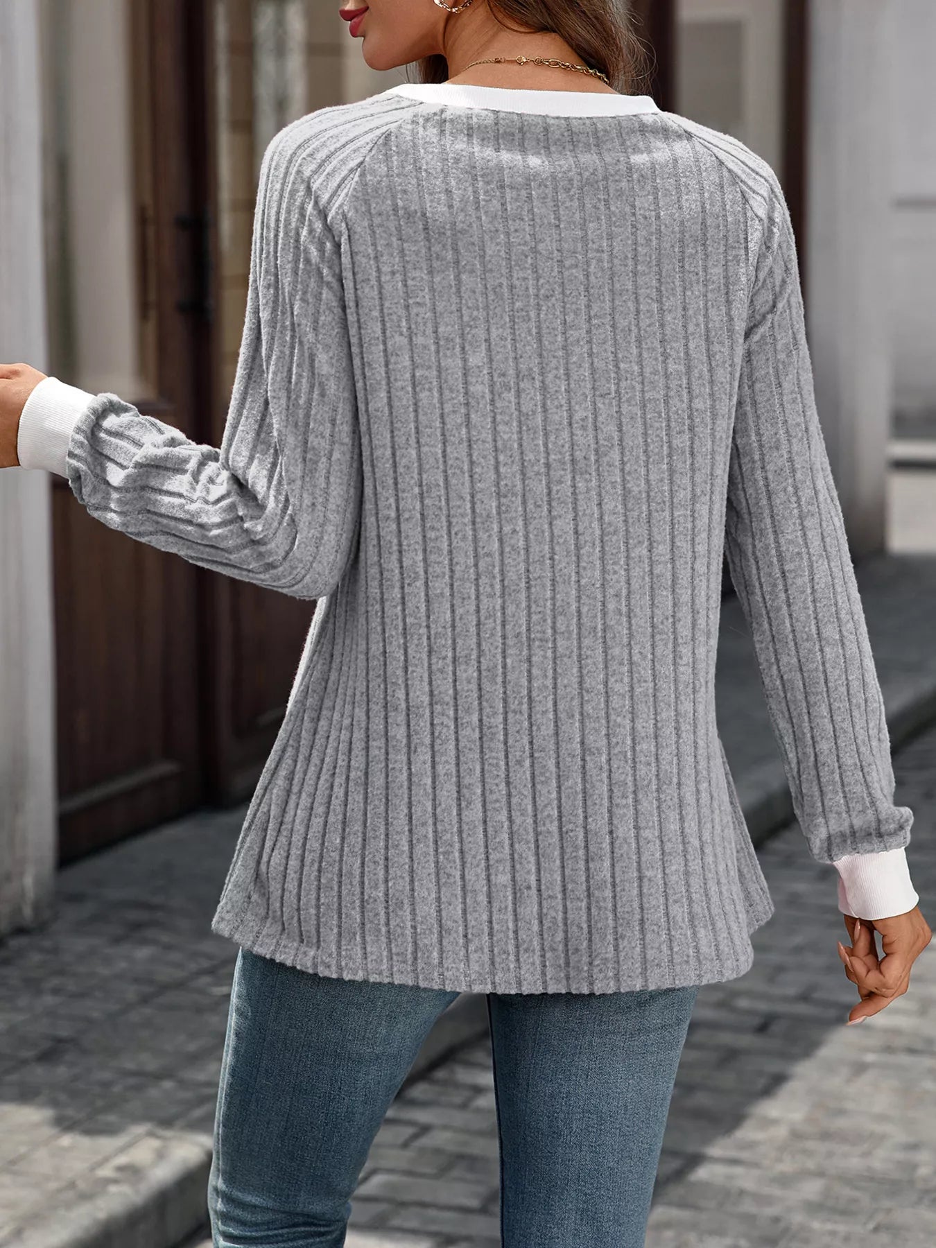 Ribbed Round Neck Raglan Sleeve Knit Top 