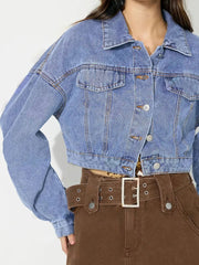 Collared Neck Dropped Shoulder Cropped Denim Top 