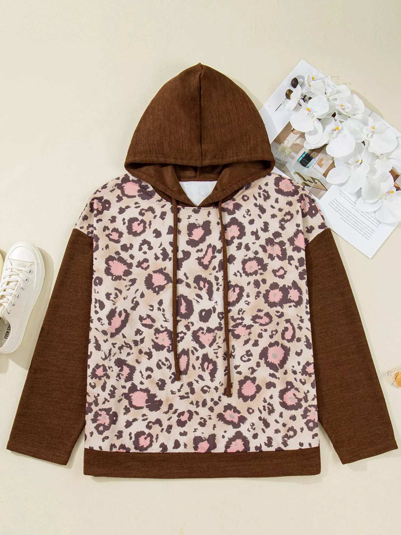 Plus Size Leopard Long Sleeve Drawstring Hoodie 