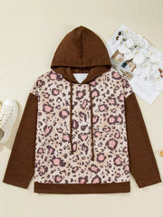 Plus Size Leopard Long Sleeve Drawstring Hoodie 