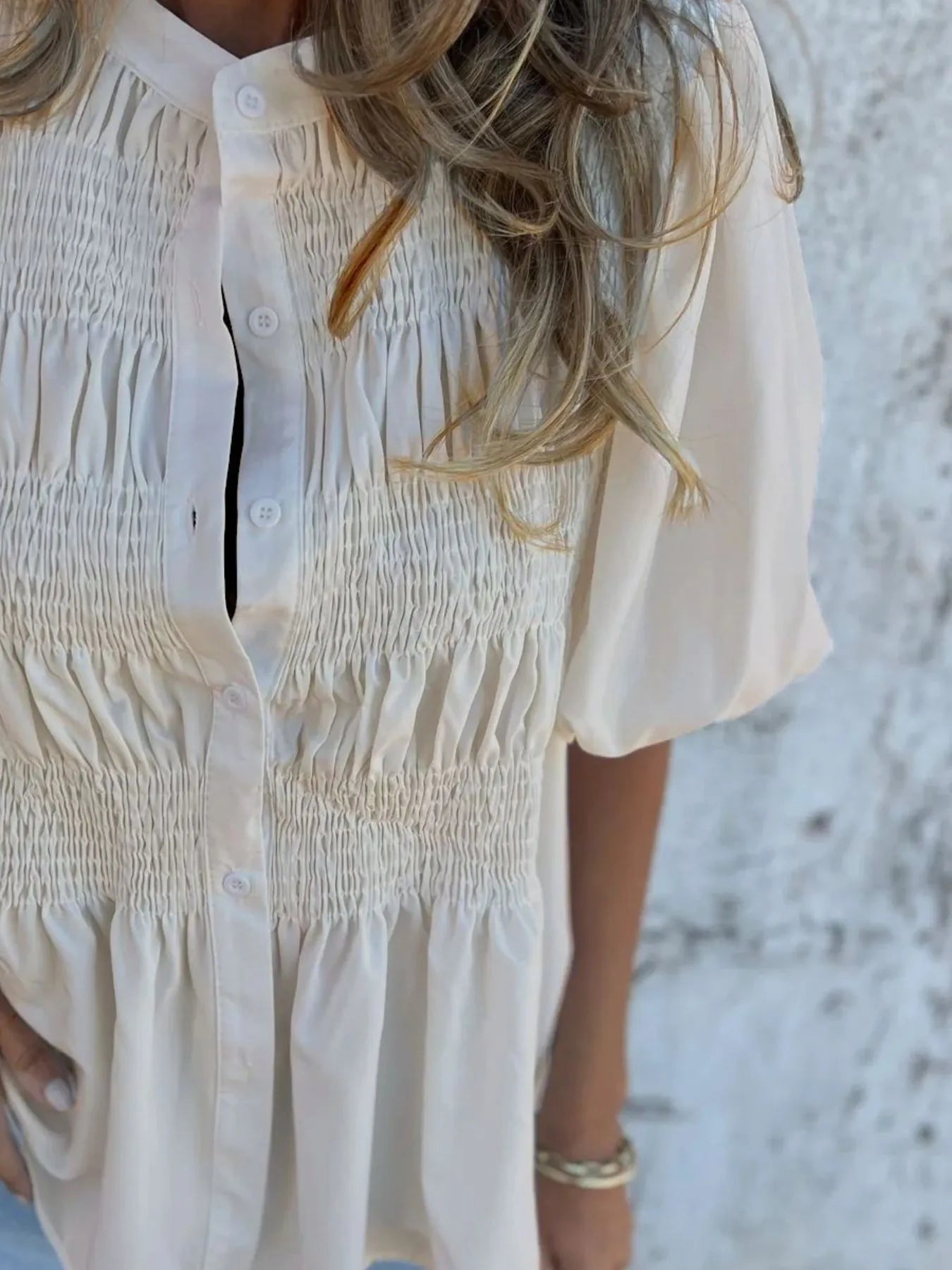 Full Size Smocked Button Front Puff Sleeve Shirt Plus Size 