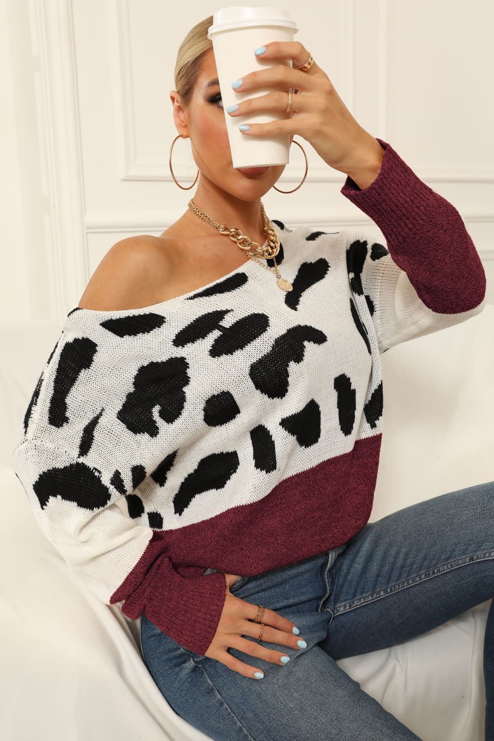 Full Size Two-Tone Boat Neck Sweater 