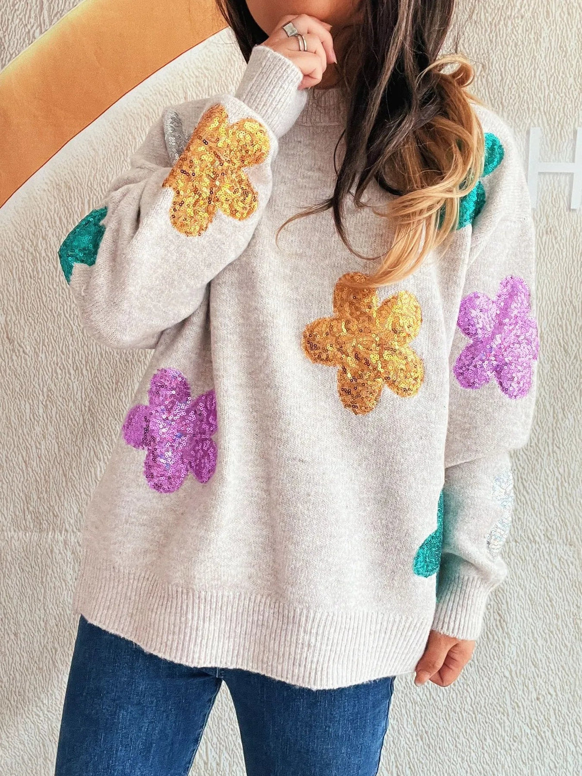 Sequin Flower Round Neck Long Sleeve Sweater 