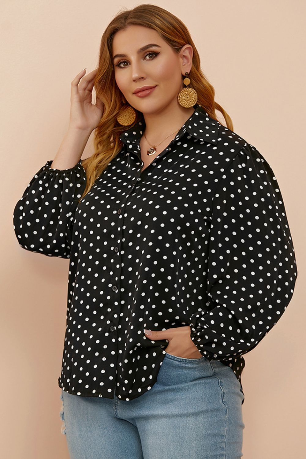 Plus Size Polka Dot Balloon Sleeve Shirt 