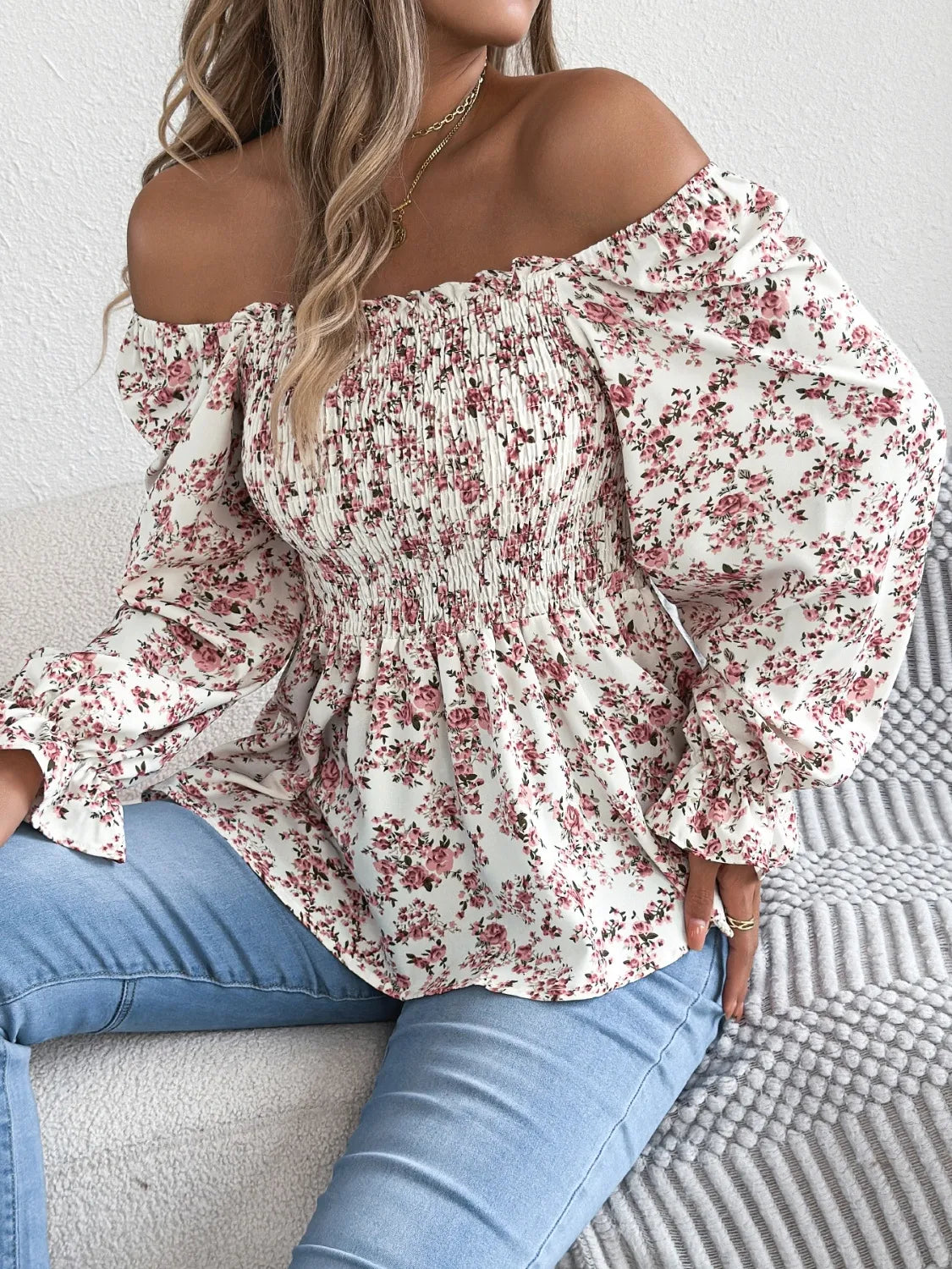 Floral Square Neck Flounce Sleeve Blouse 