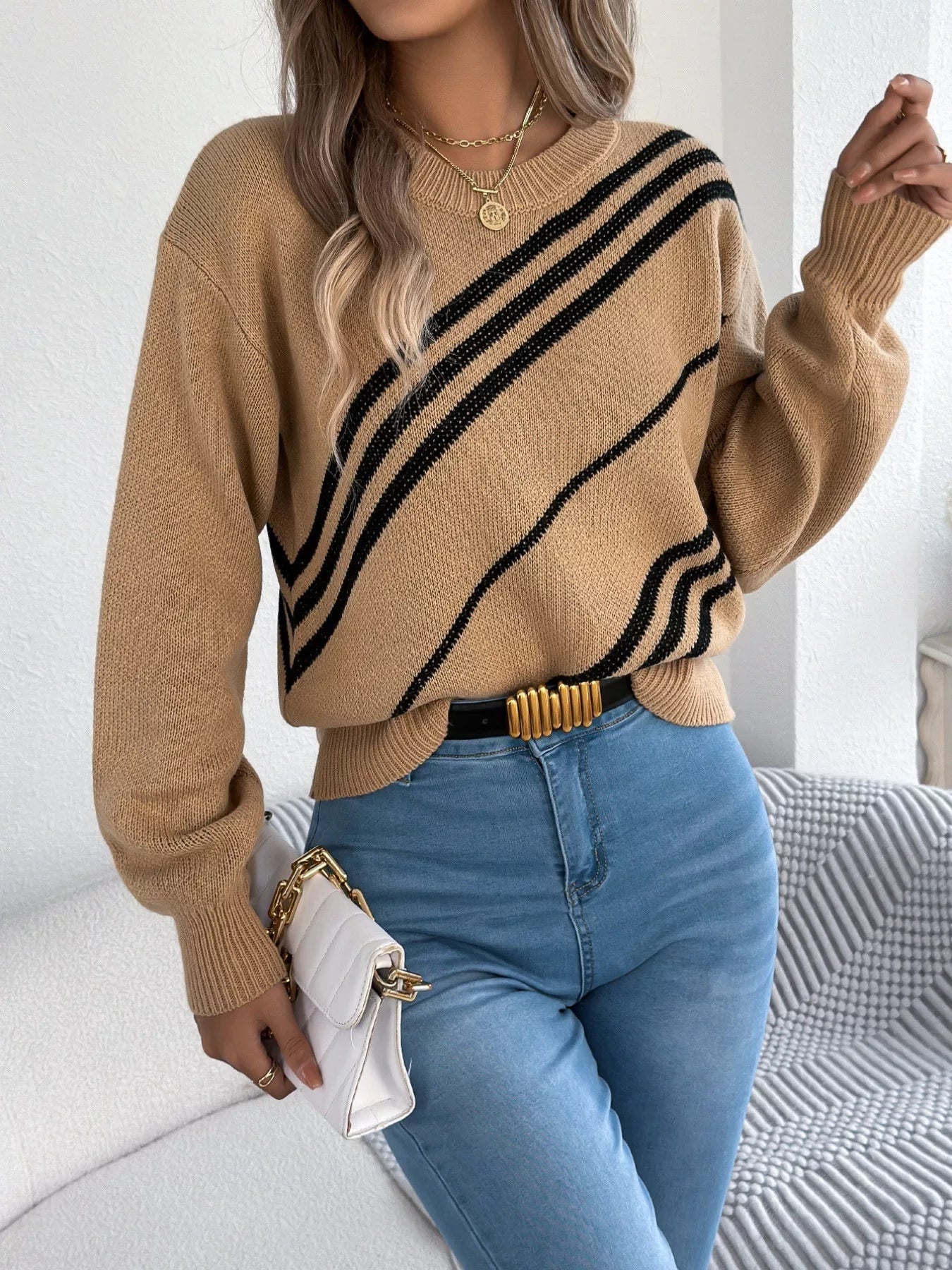 Striped Pattern Casual Round Neck Sweater 