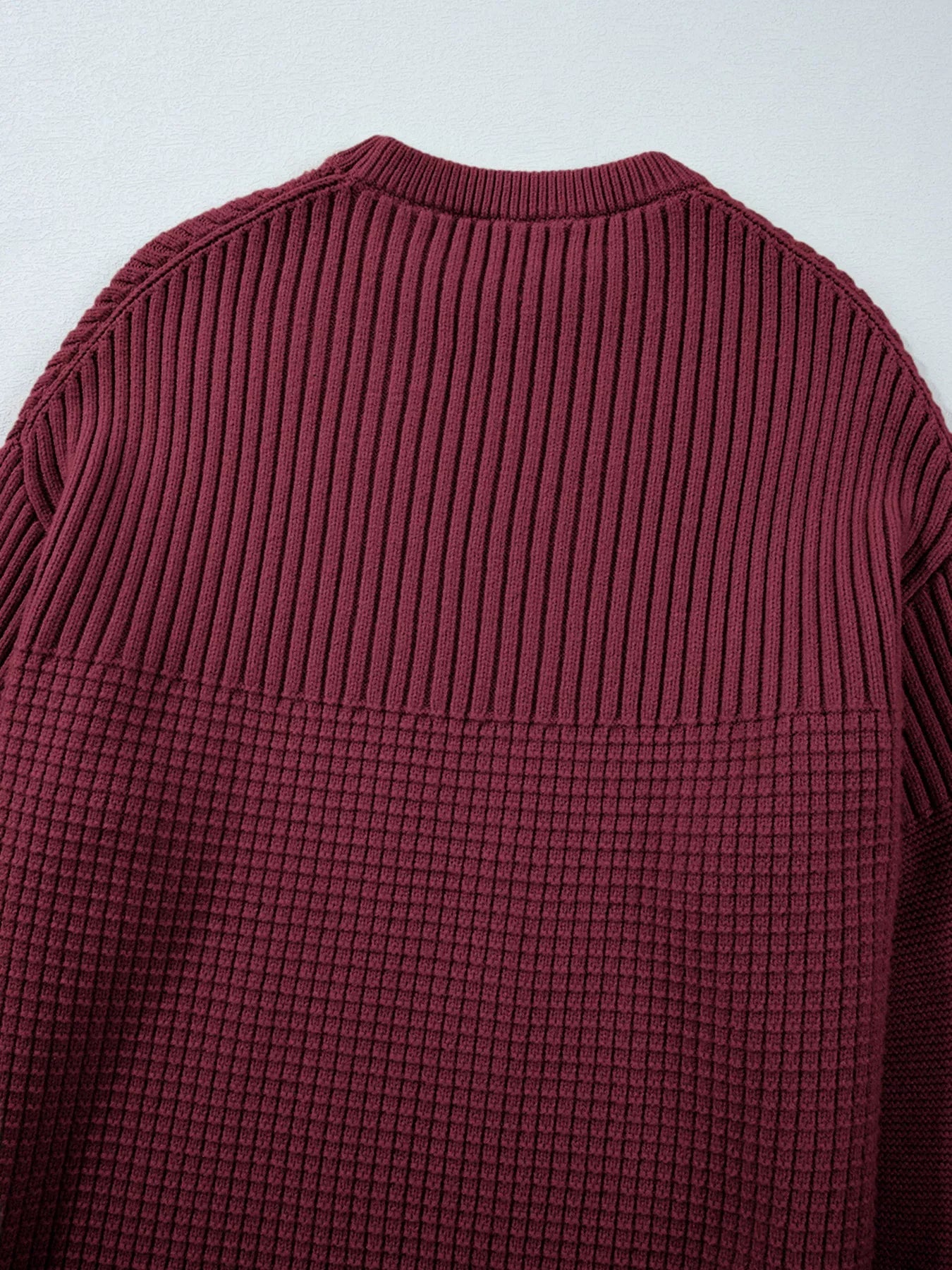 Solid Color Mixed Textured Knitted Crew Neck Sweater 