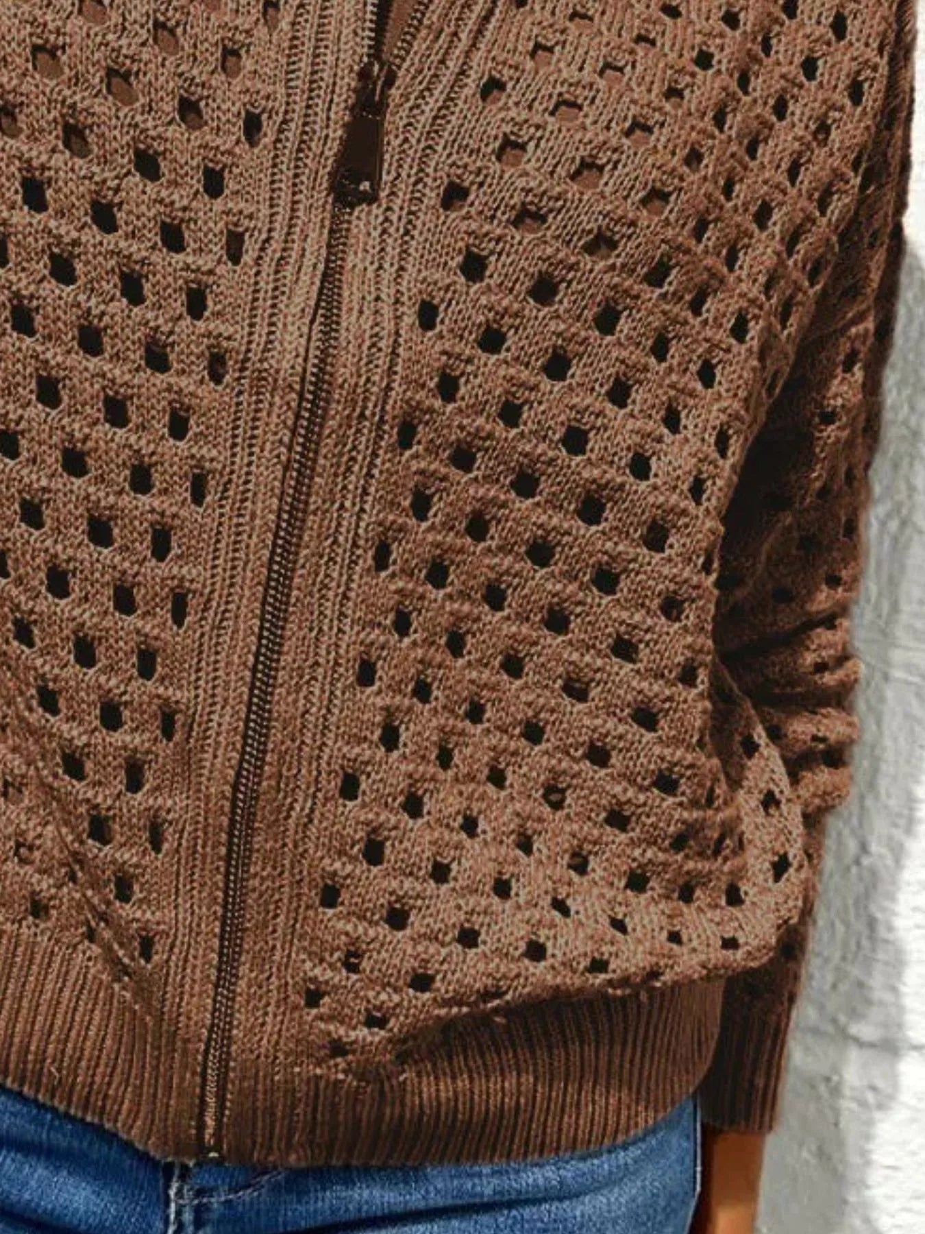 Full Size Zip Up Long Sleeve Cardigan with Eyelet Detail Plus Size 