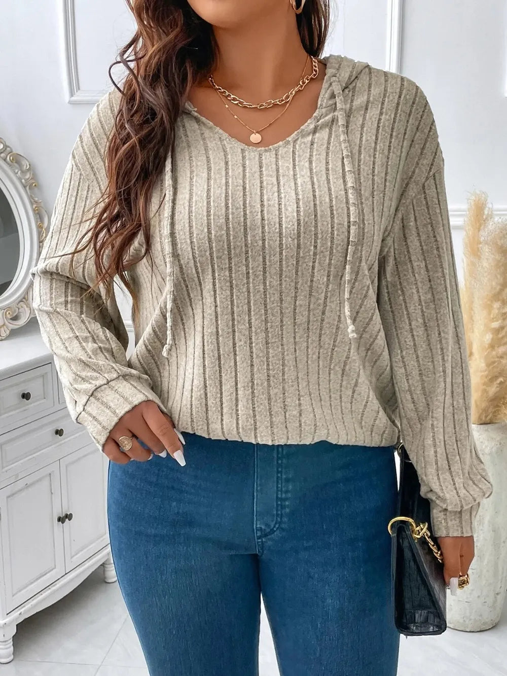 Plus Size Drawstring Dropped Shoulder Hooded T-Shirt 