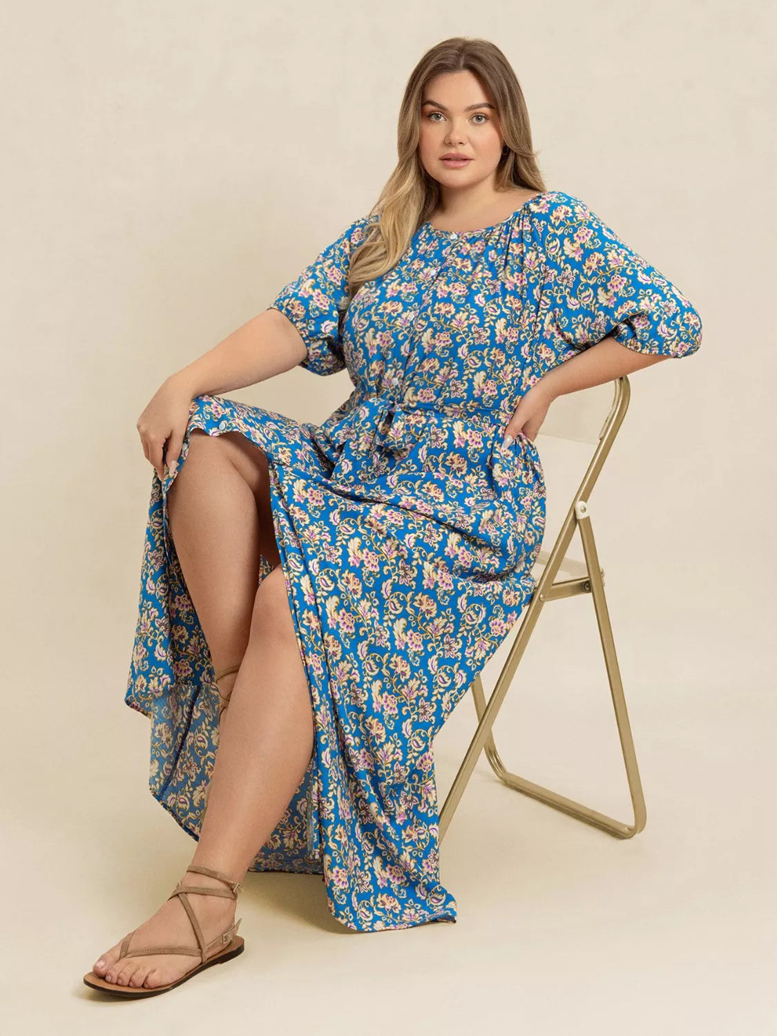 Plus Size Floral Print Maxi Dress with Side Slit 