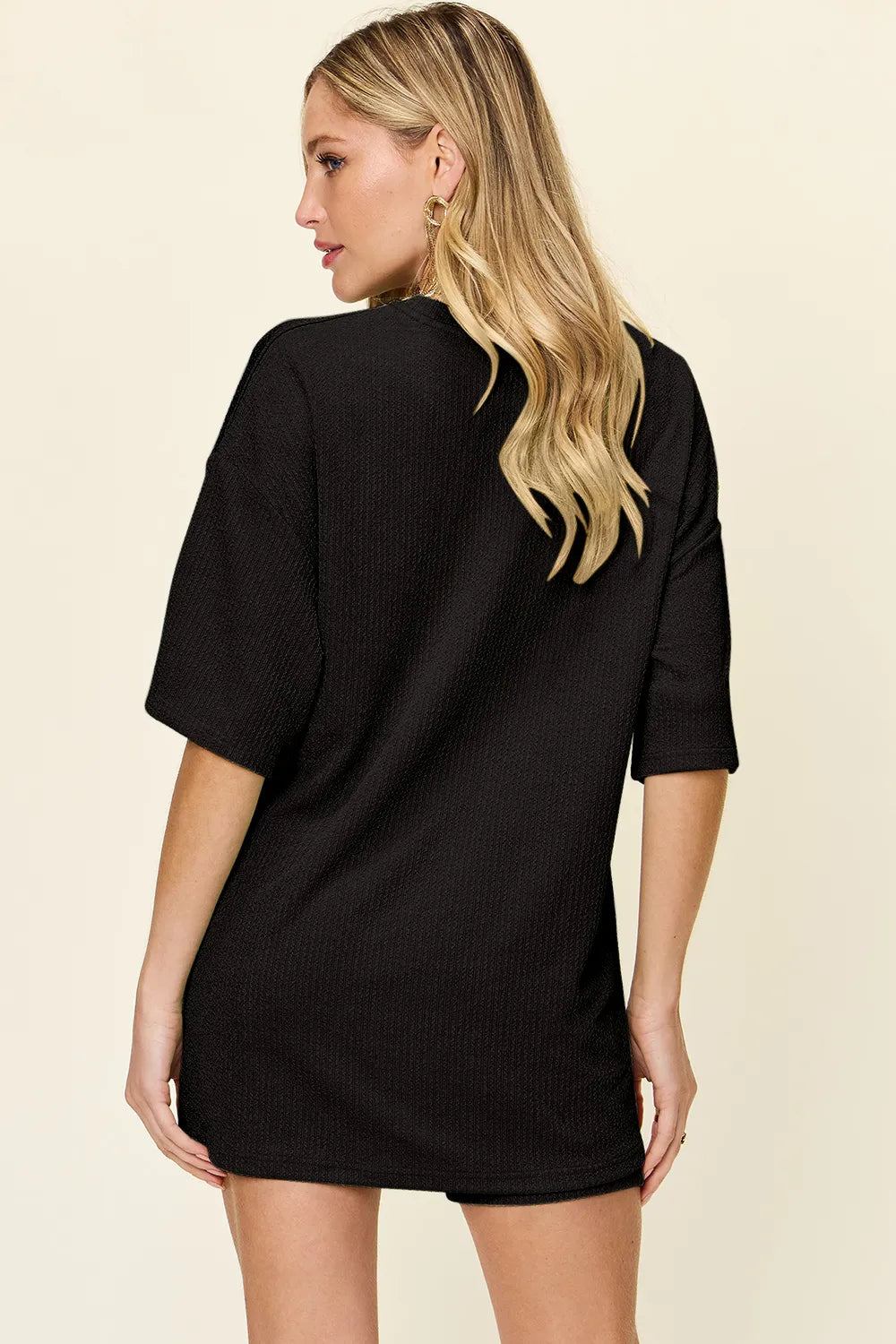 Double Take Full Size Texture Round Neck Drop Shoulder T-Shirt and Shorts Set 