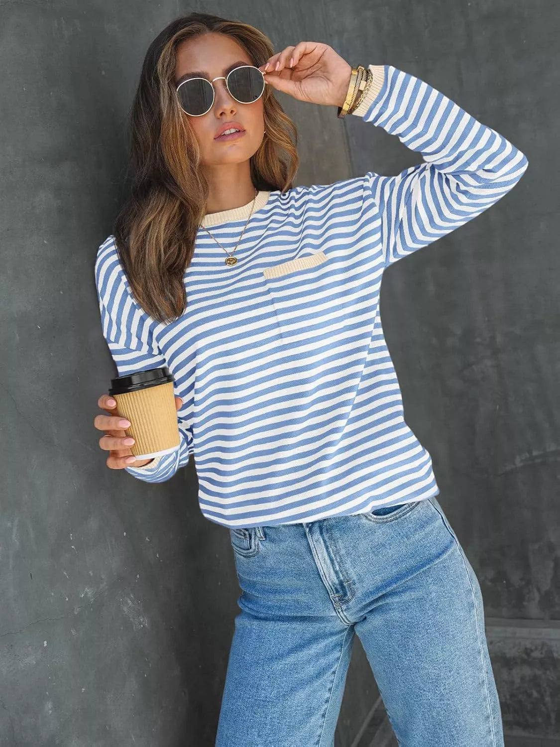 Striped Long Sleeve Sweater with Contrast Ribbed Trim 