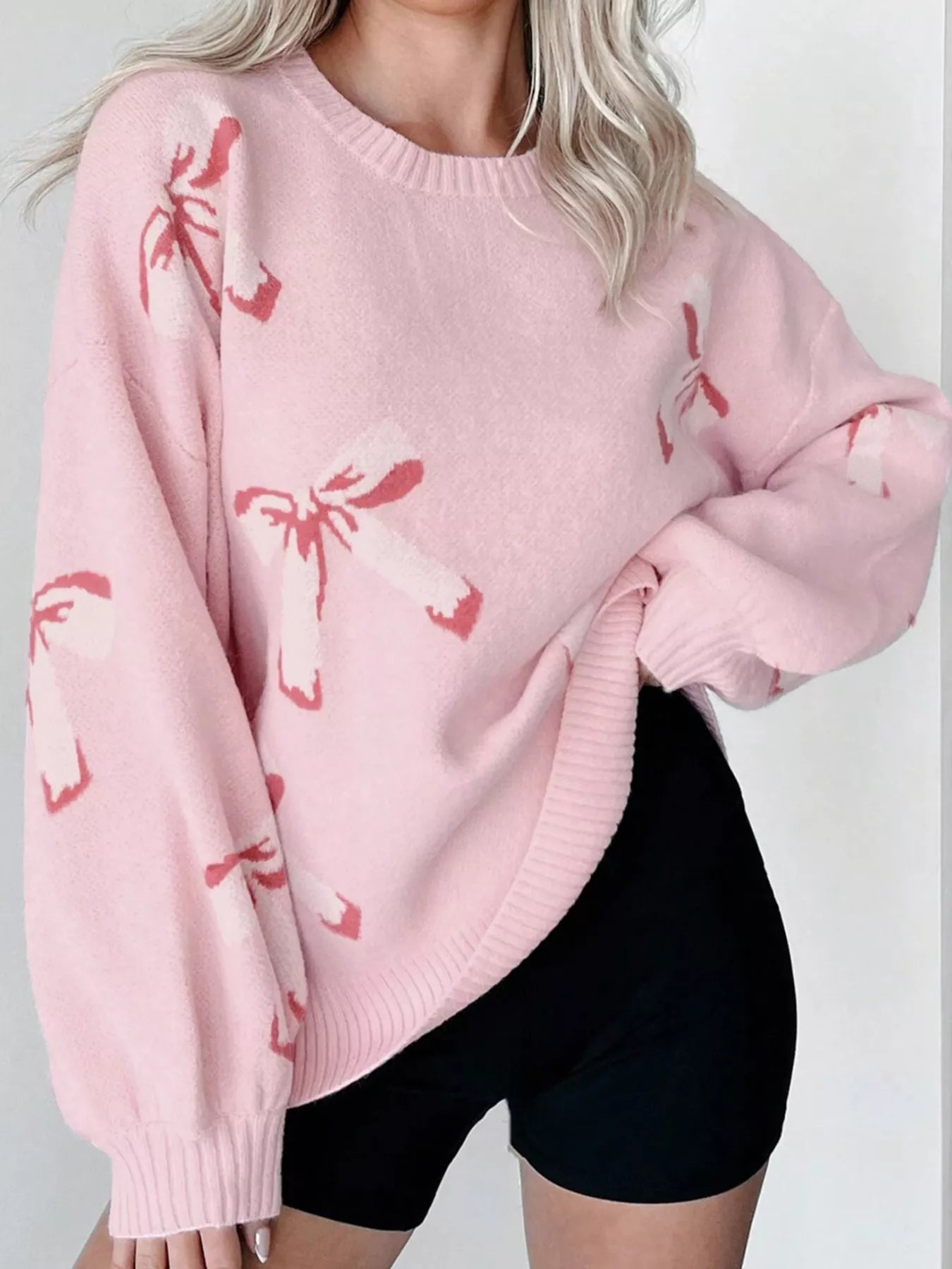 Bow Round Neck Dropped Shoulder Sweater 