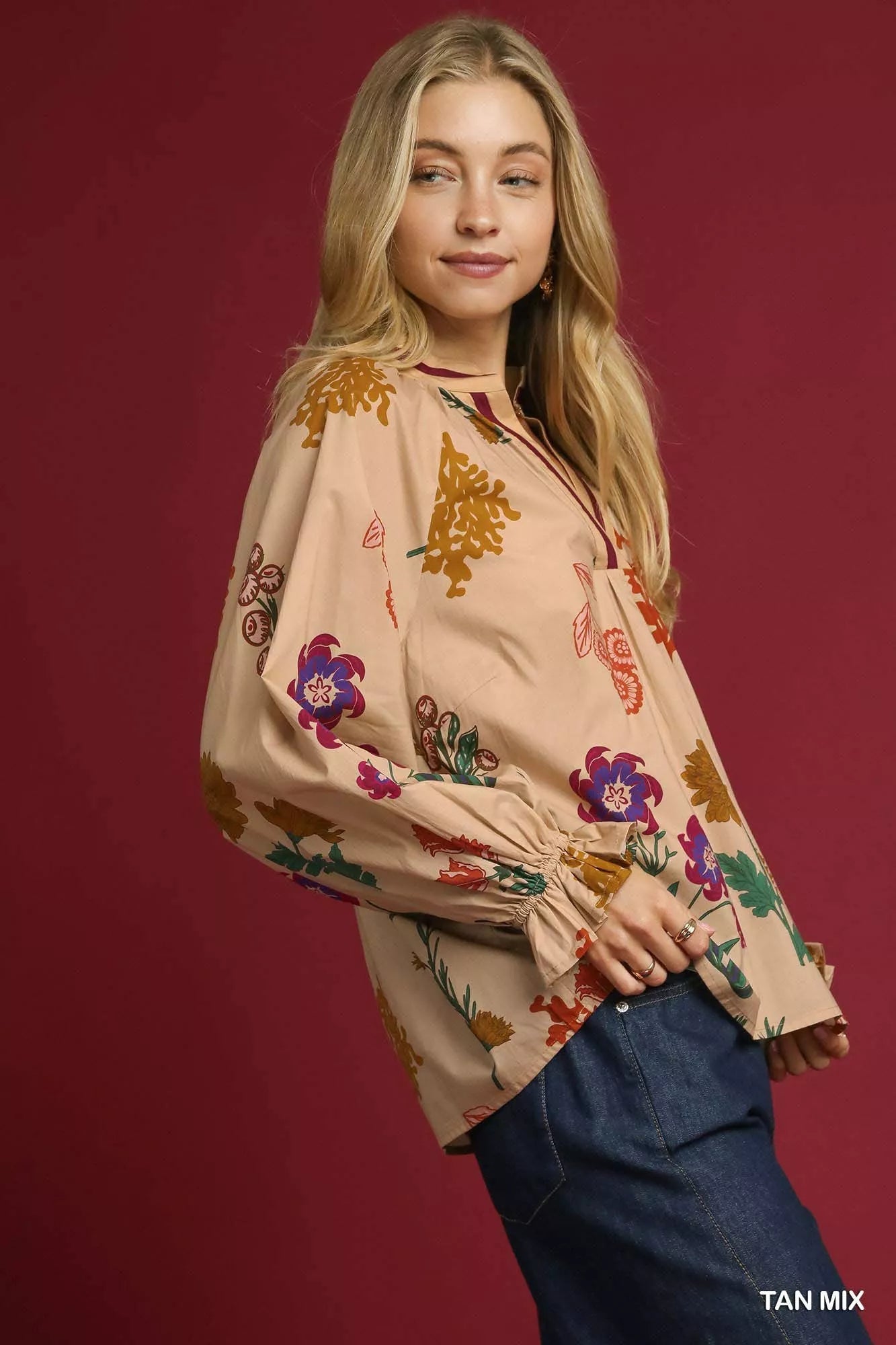 Umgee Floral Print Flounce Sleeve Blouse 