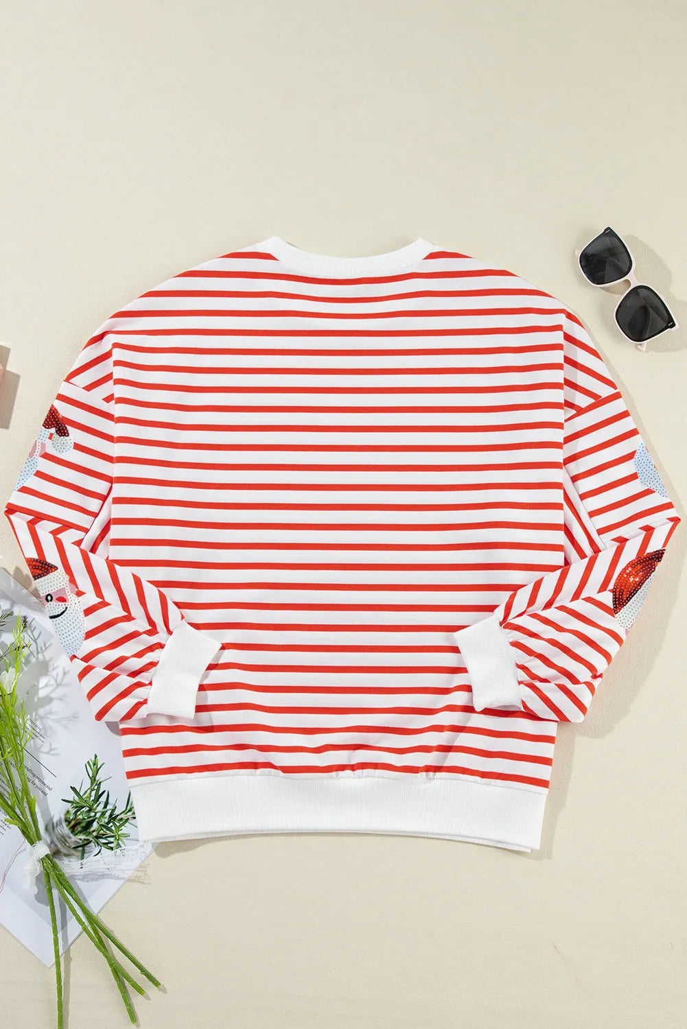 Sequin Santa Striped Round Neck Long Sleeve Sweatshirt 