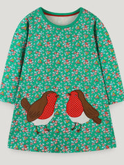 Children's Floral Print Bird Long Sleeve Dress 
