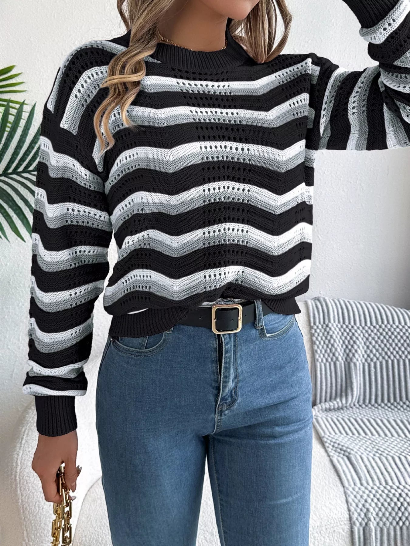 Striped Round Neck Long Sleeve Sweater 