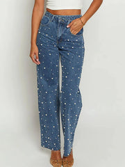 Pearl Embellished High Waist Straight Leg Jeans 