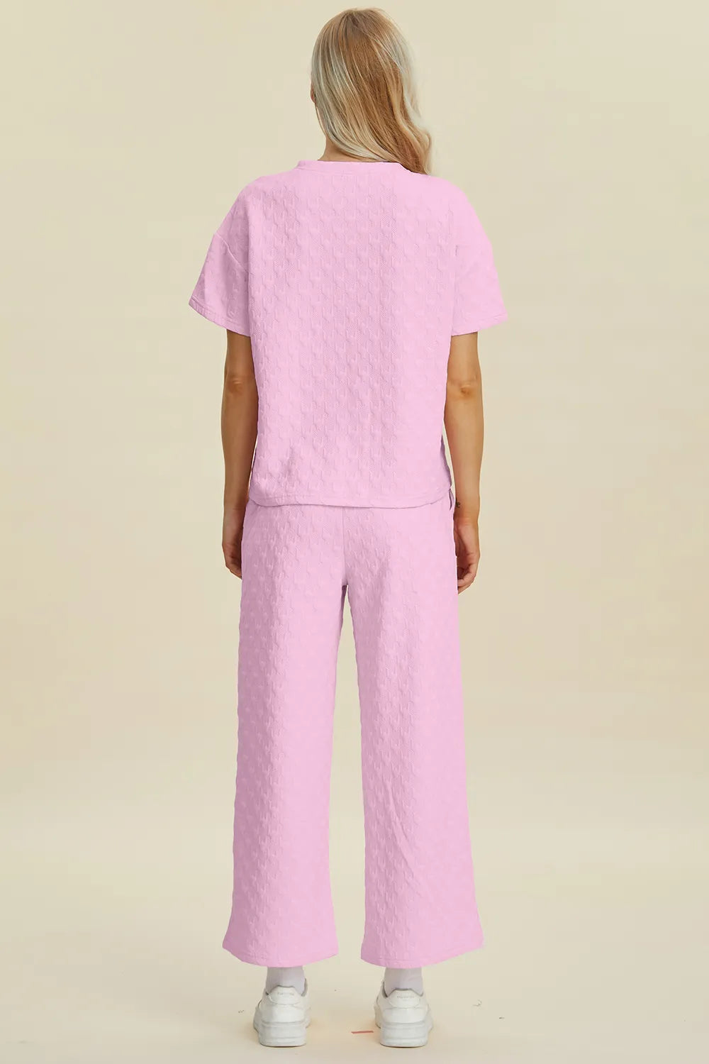 Double Take Full Size Texture Round Neck Short Sleeve Top and Pants Set 