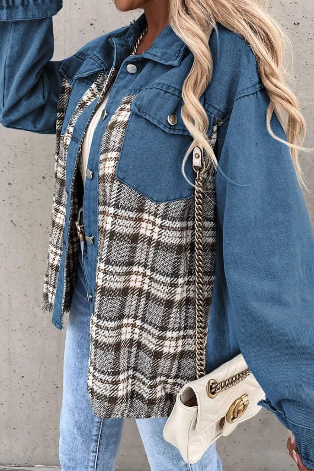 Plaid Pocketed Button Up Denim Jacket 