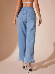 Plush Hem High Rise Straight Jeans 