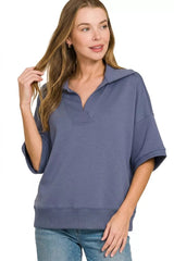 Zenana Scuba Collared Short Sleeve Pullover 