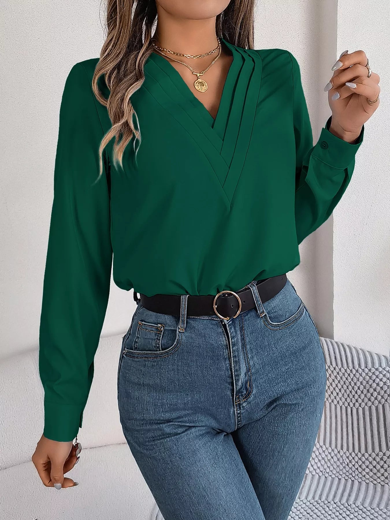 Layered V-Neck Long Sleeve Blouse 