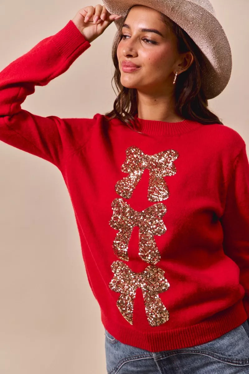 SO ME Sequins Bow Ribbon Embellished Christmas Sweater 