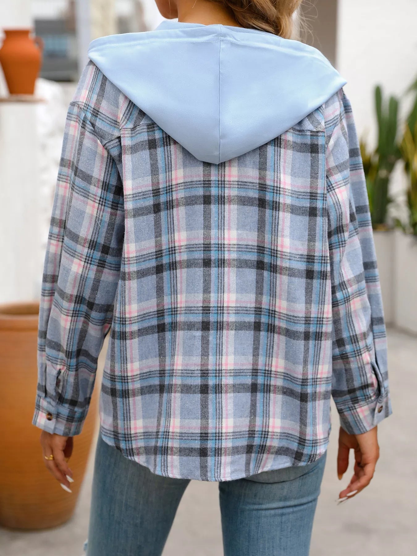 Plaid Button-Up Hooded Shirt with Chest Pocket 