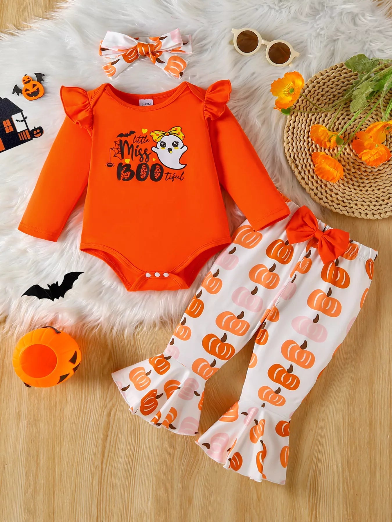 Children's Halloween Graphic Top and Pants 3-Piece Set with Headband 
